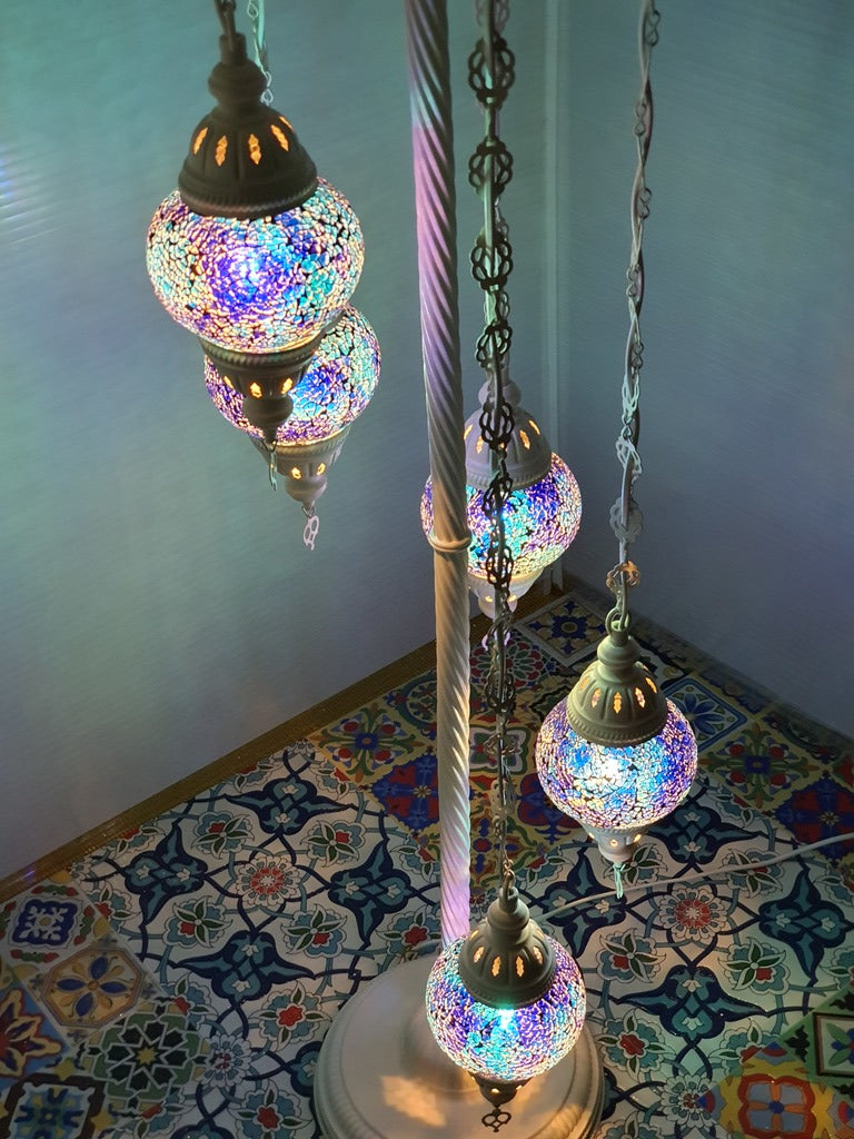 5 Globe Blue Turkish Tiffany Mosaic Floor Lamp LED Light From £100 - Decoridea.co.uk