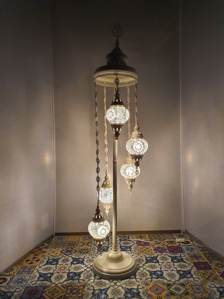 5 Globe White Flower Pattern Turkish Tiffany Mosaic Floor Lamp LED Light From £100 - Decoridea.co.uk