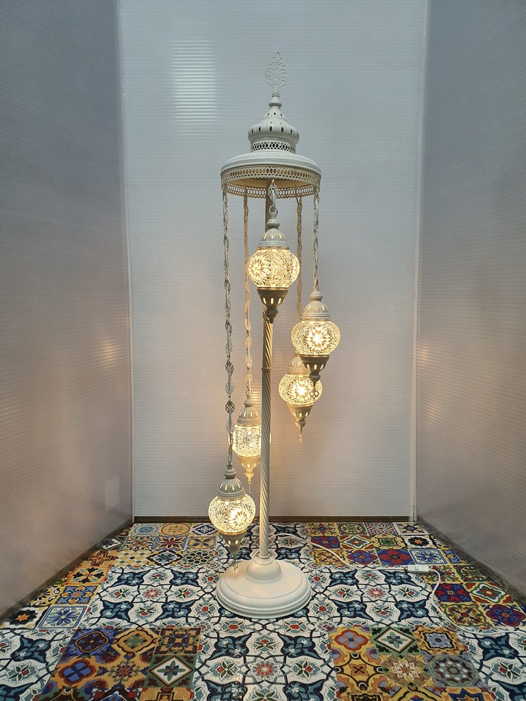 5 Globe White Flower Pattern Turkish Tiffany Mosaic Floor Lamp LED Light From £100 - Decoridea.co.uk