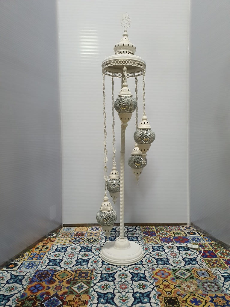 5 Globe White Flower Pattern Turkish Tiffany Mosaic Floor Lamp LED Light From £100 - Decoridea.co.uk