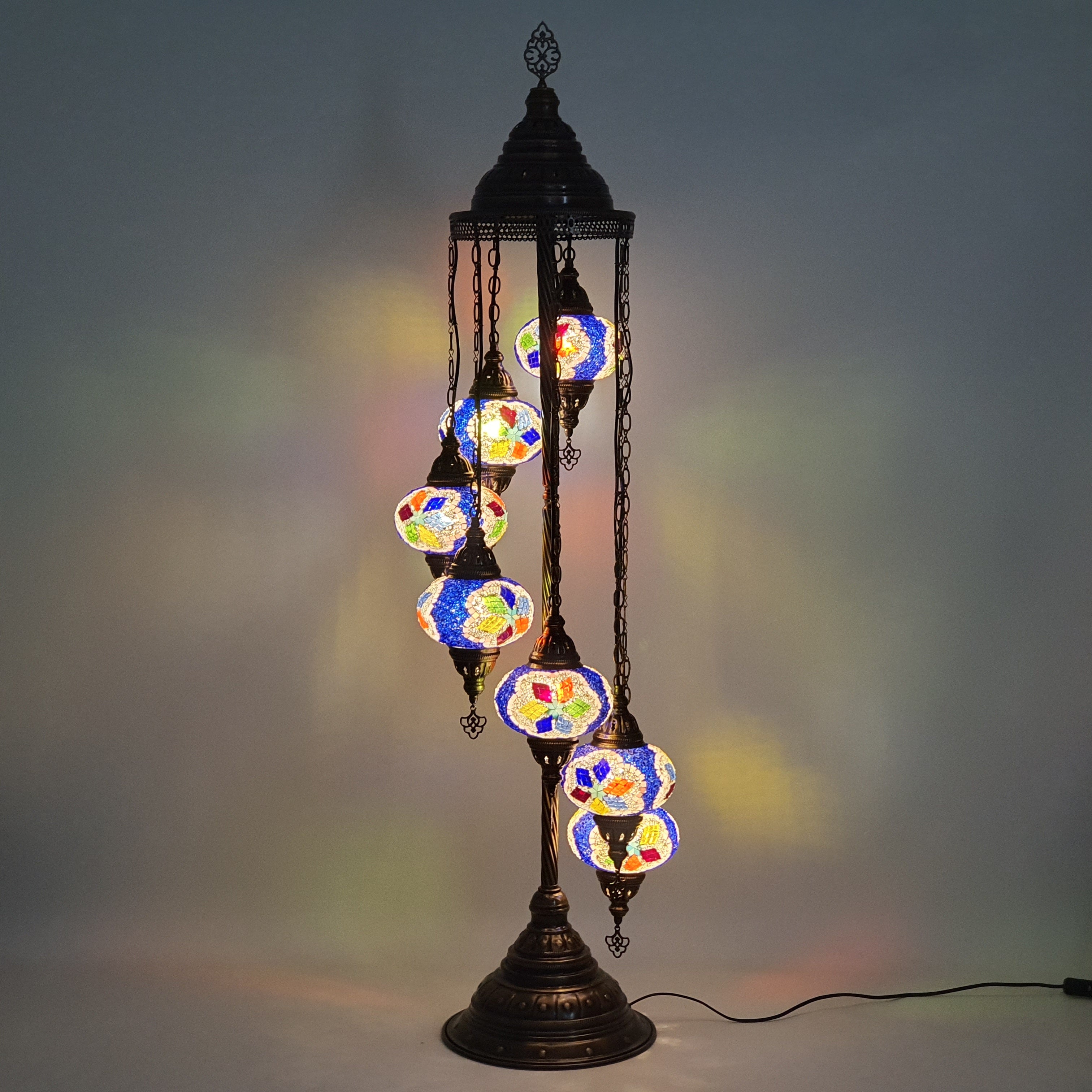 7 Globe Blue Turkish Tiffany Mosaic Floor Lamp LED Light