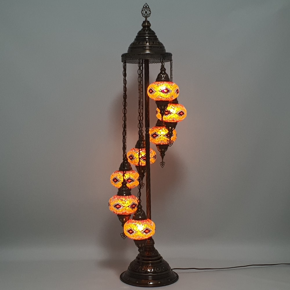 7 Globe Orange Turkish Tiffany Mosaic Floor Lamp LED Light