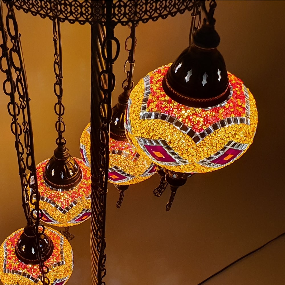 7 Globe Orange Turkish Tiffany Mosaic Floor Lamp LED Light
