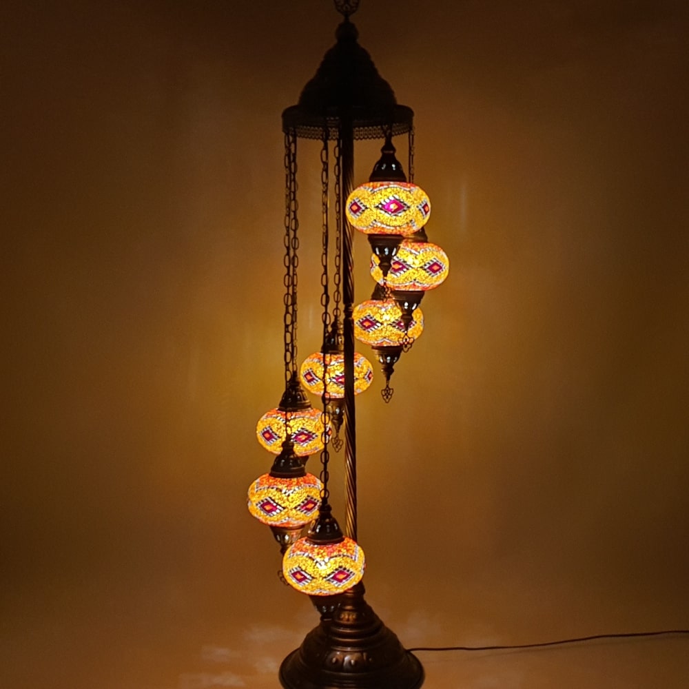 7 Globe Orange Turkish Tiffany Mosaic Floor Lamp LED Light