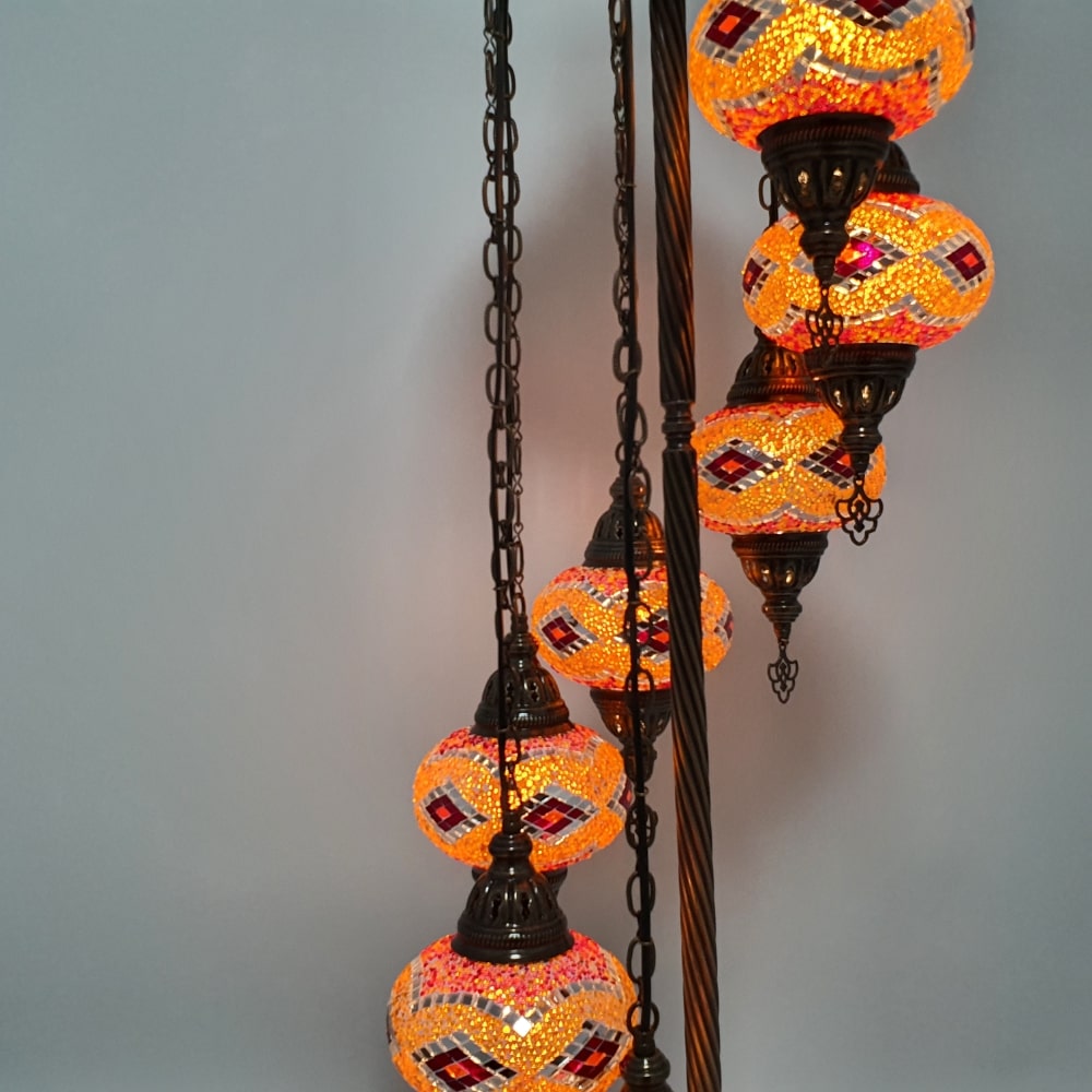 7 Globe Orange Turkish Tiffany Mosaic Floor Lamp LED Light
