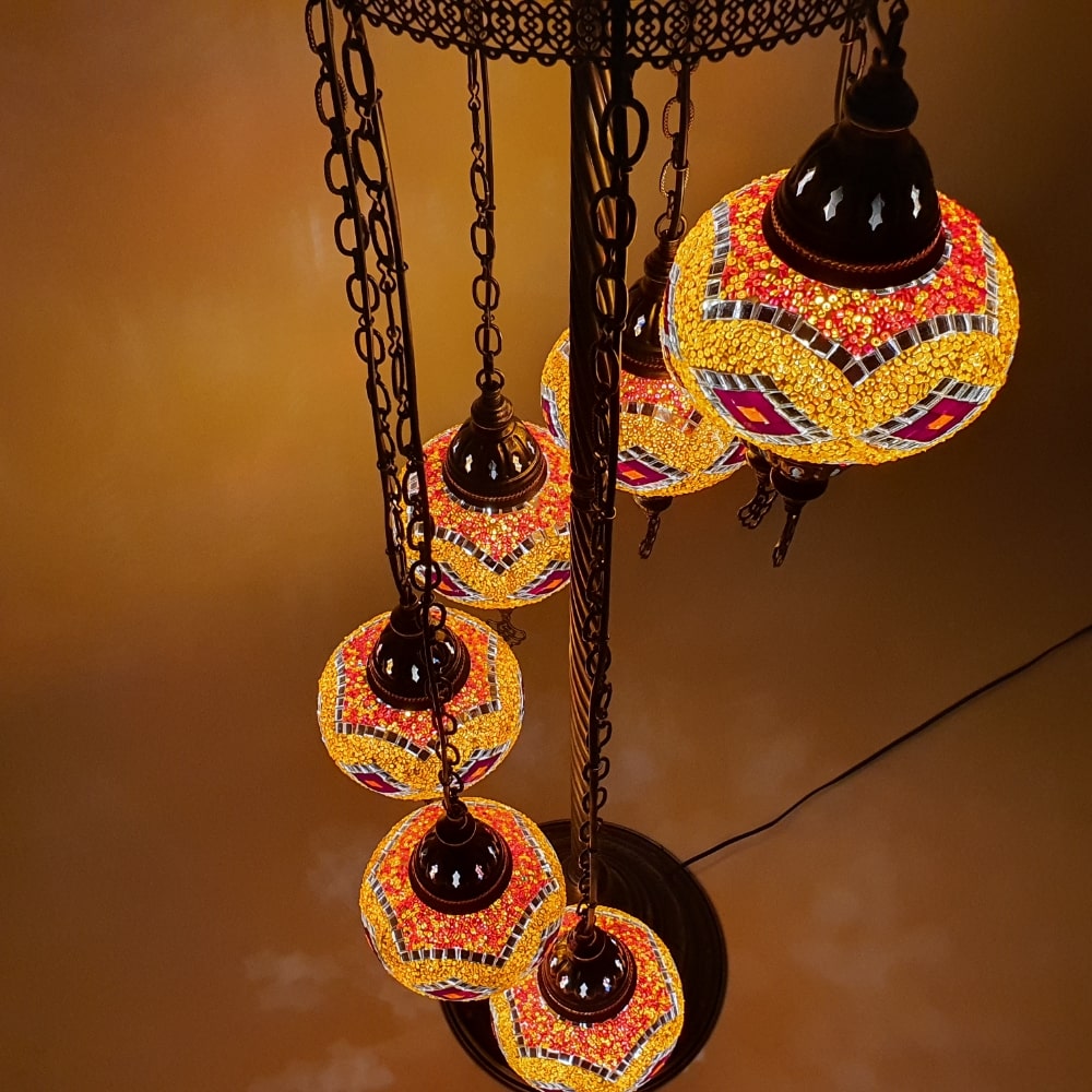 7 Globe Orange Turkish Tiffany Mosaic Floor Lamp LED Light