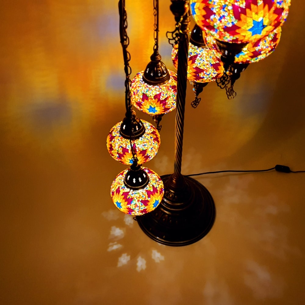 7 Globe Warm Mix Orange Turkish Tiffany Mosaic Floor Lamp LED Light