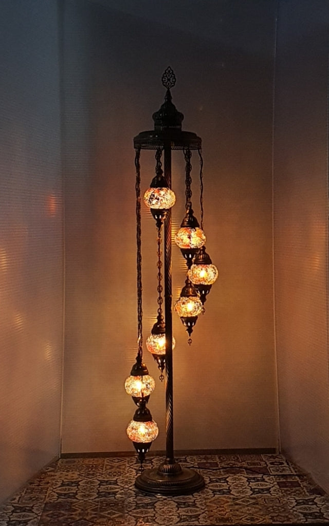 7 Globe Amber Turkish Tiffany Mosaic Floor Lamp LED Light From £150 - Decoridea.co.uk