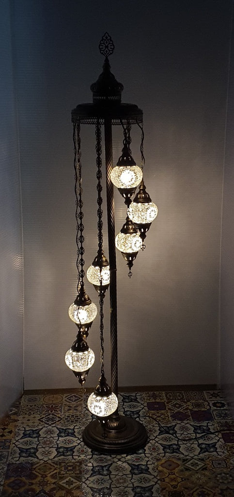 7 Globe White Flower Pattern Turkish Tiffany Mosaic Floor Lamp LED Light From £150 - Decoridea.co.uk