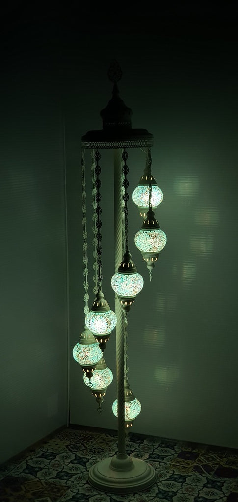 7 Globe Turquoise Flower Pattern Turkish Tiffany Mosaic Floor Lamp LED Light From £150 - Decoridea.co.uk