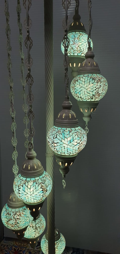 7 Globe Turquoise Flower Pattern Turkish Tiffany Mosaic Floor Lamp LED Light From £150 - Decoridea.co.uk