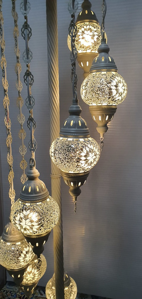 7 Globe White Flower Pattern Turkish Tiffany Mosaic Floor Lamp LED Light From £150 - Decoridea.co.uk