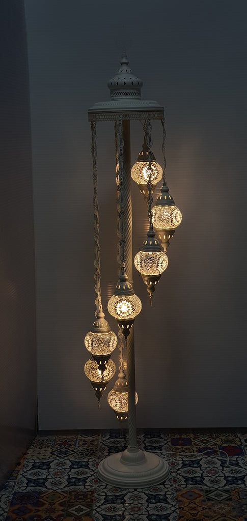 7 Globe White Flower Pattern Turkish Tiffany Mosaic Floor Lamp LED Light From £150 - Decoridea.co.uk