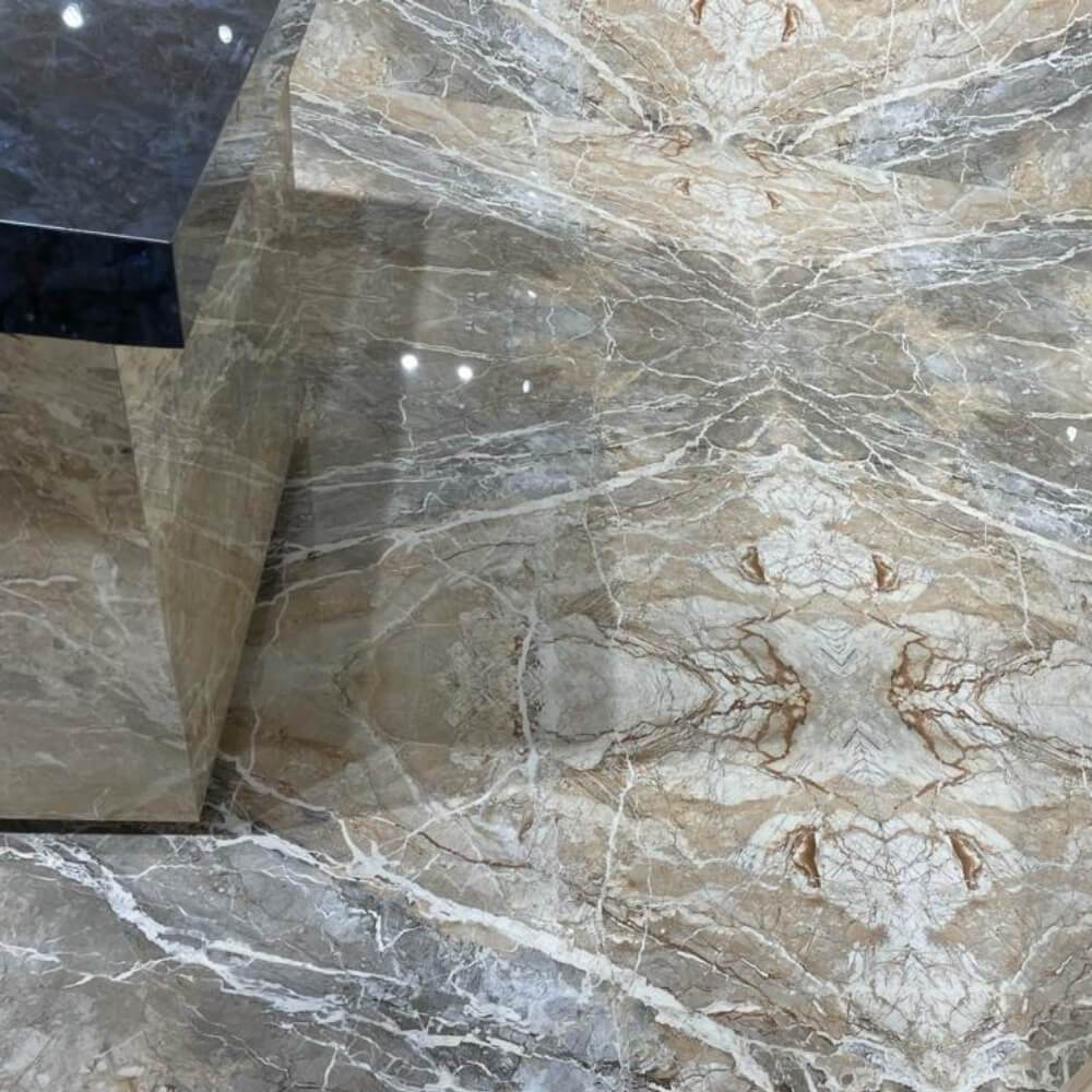 Blue Breccia Book Match A Rectified Large Format Polished Stone Effect Porcelain 1200x2400mm Floor & Wall Tiles
