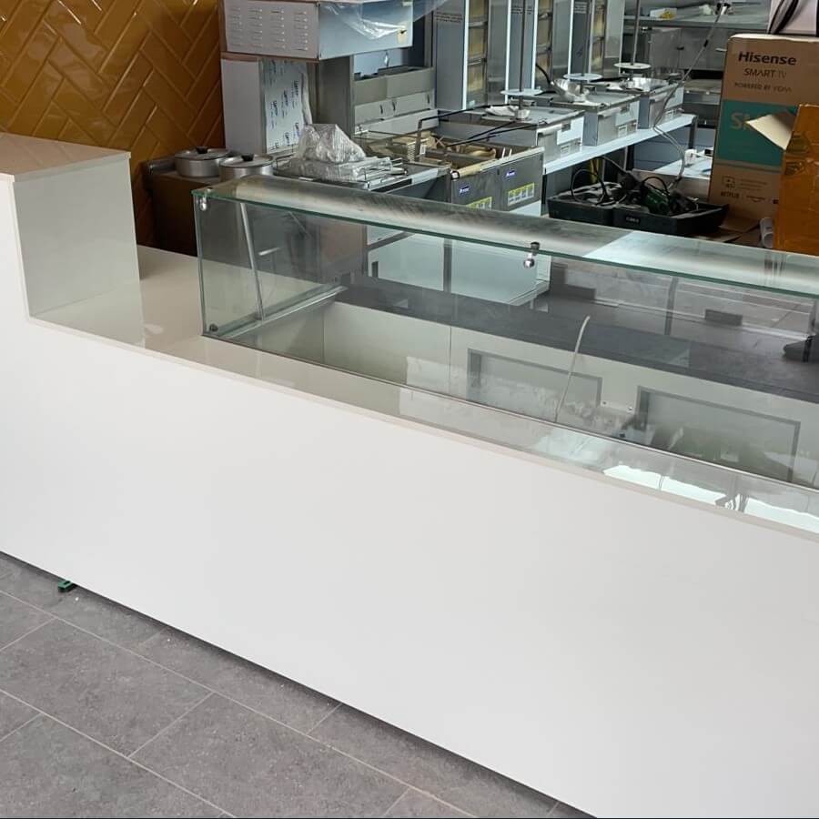 Pearl White 18mm Rectified Large Format Polished Stone Effect Porcelain Worktop 800x2400mm Tiles