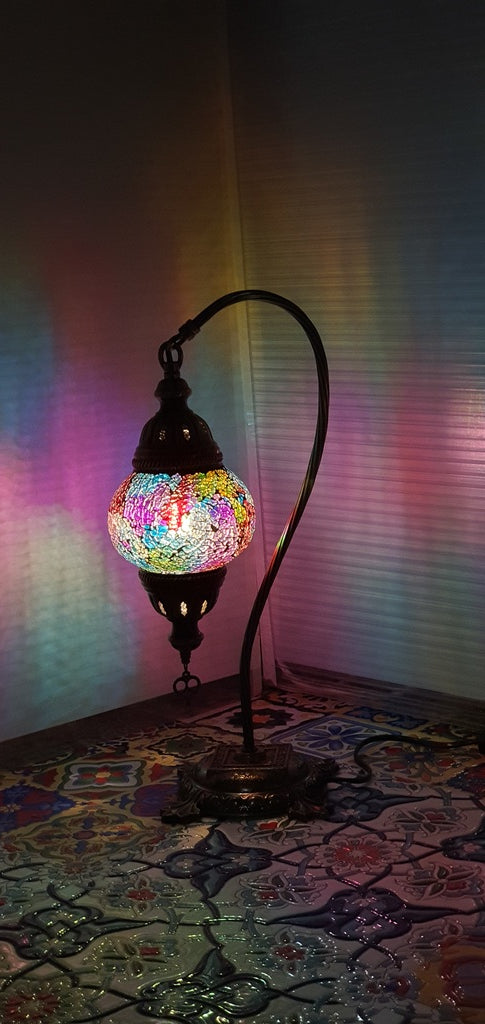 Mix Coloured Turkish Tiffany Mosaic Swan Neck Table Lamp LED Light size 2 From £29.90 - Decoridea.co.uk