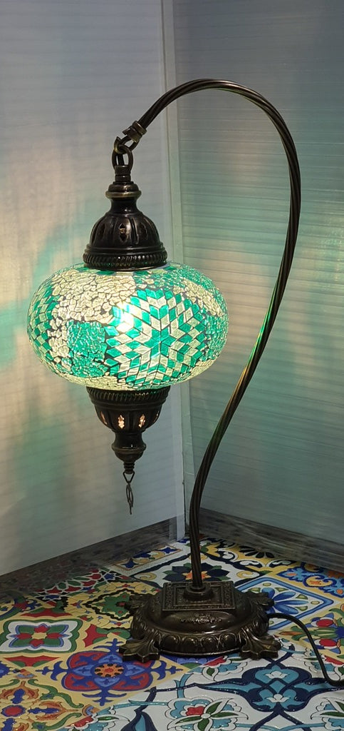 Green Flower Pattern Turkish Tiffany Mosaic Swan Neck Table Lamp LED Light size 4 From £34.90 - Decoridea.co.uk