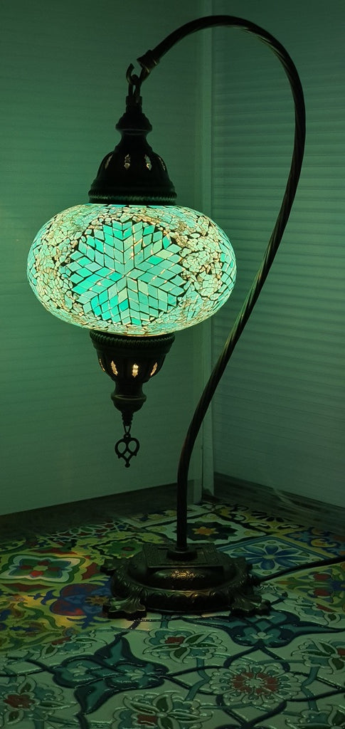 Turquoise Flower Pattern Turkish Tiffany Mosaic Swan Neck Table Lamp LED Light size 4 From £34.90 - Decoridea.co.uk