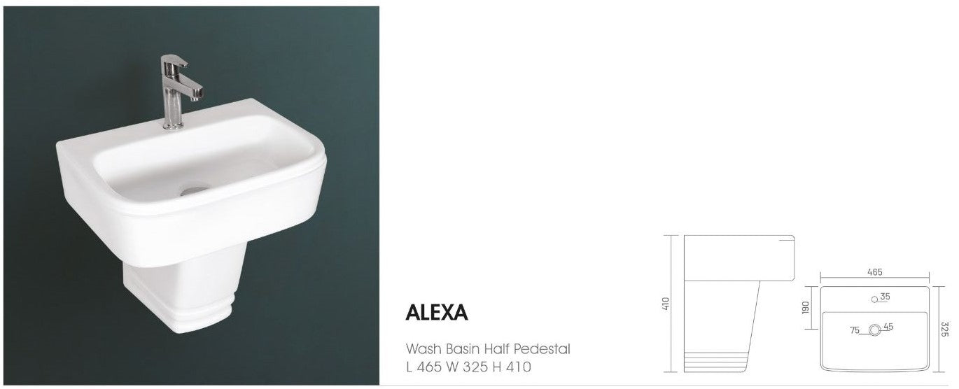 ALEXA Wall Mounted Half Pedestal Wash Basin for Bathroom White Rectangle 465 x 325 x 410 mm