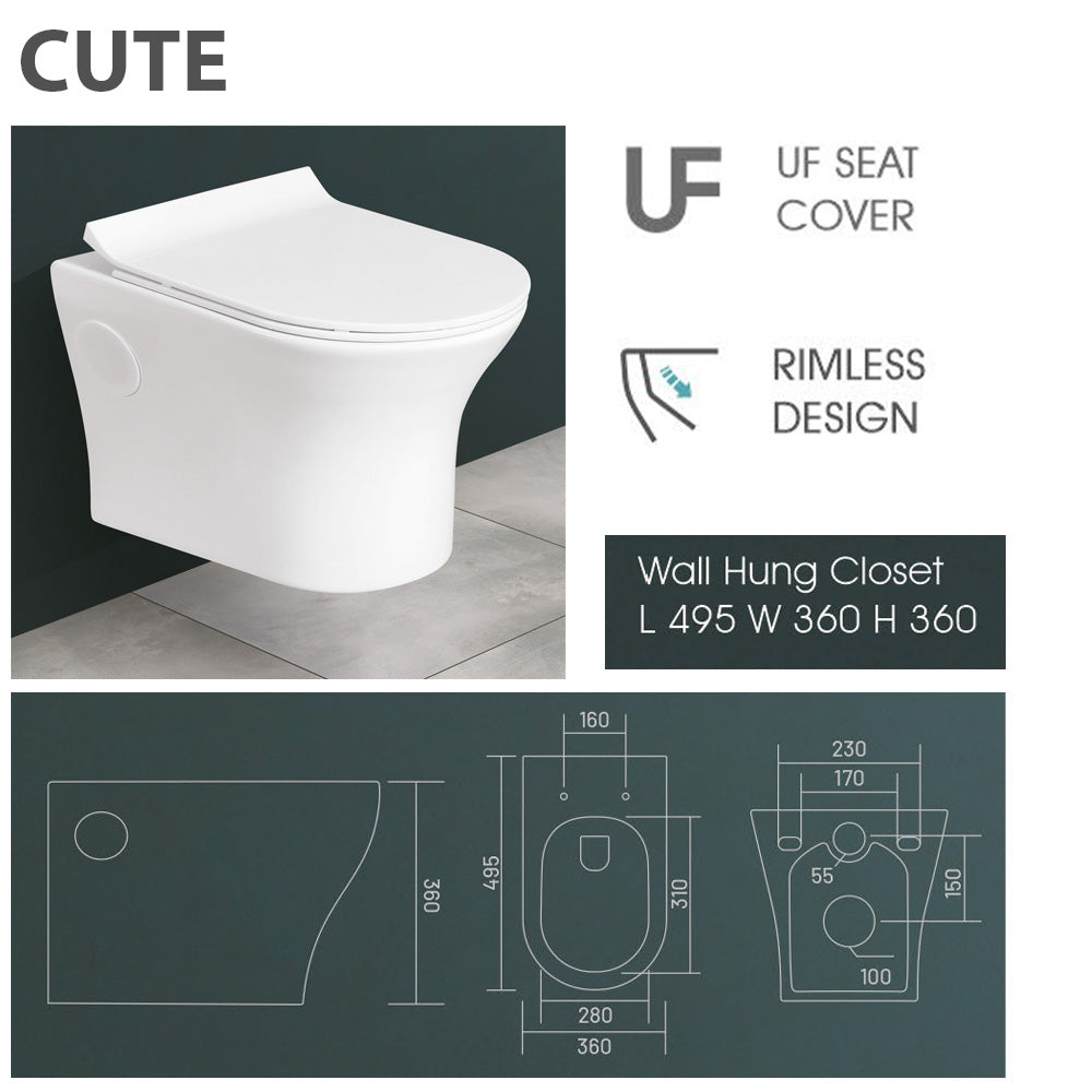 CUTE White Modern Round Wall Hung Toilet with Soft Close Seat Rimeless