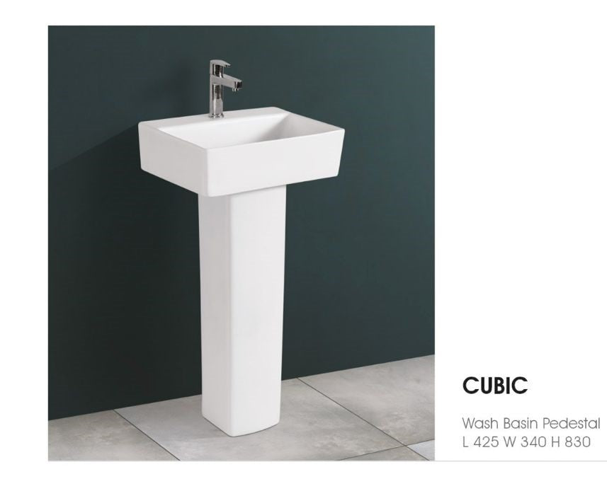 CUBIC Wall Mounted Pedestal Wash Basin for Bathroom White Rectangle 425x340x830 mm