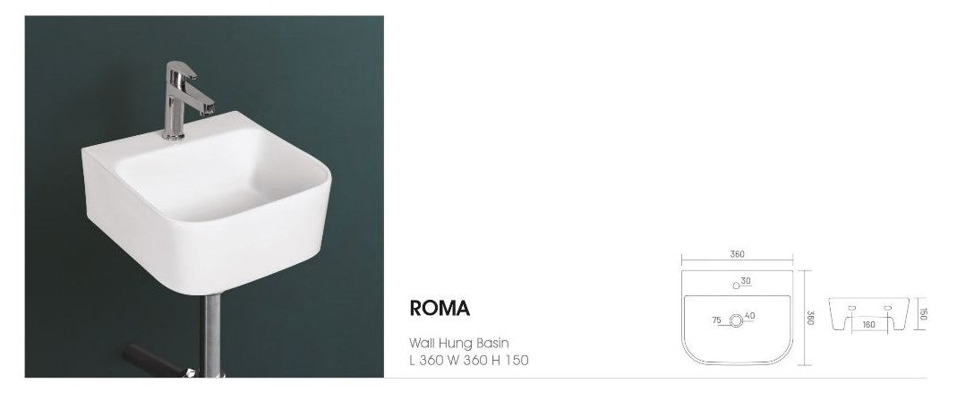 ROMA Wall Mounted Wash Basin for Bathroom White Square  360X360X150