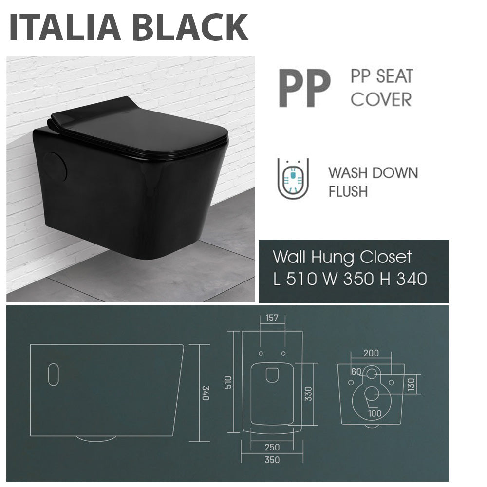 ITALIA BLACK Modern Round Wall Hung Toilet with Soft Close Seat Rimeless