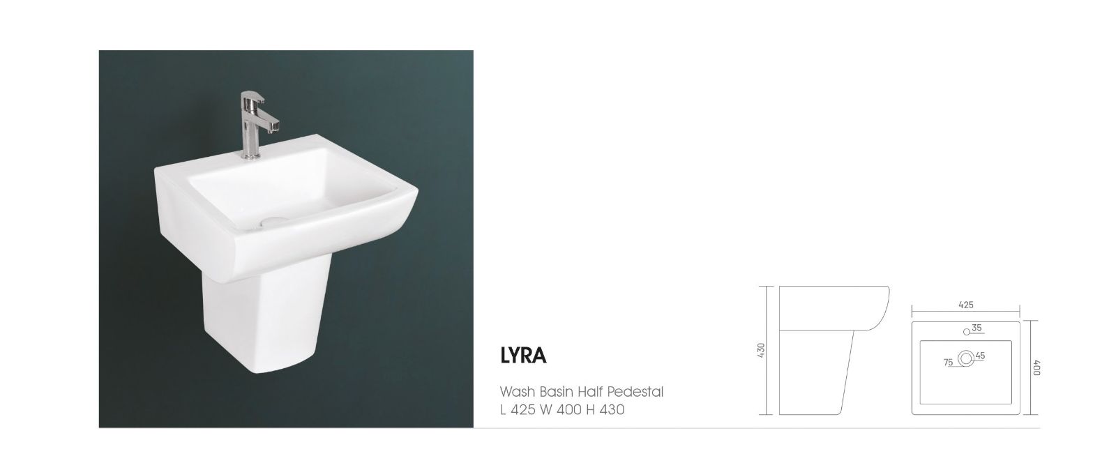 LYRA Wall Mounted Half Pedestal Wash Basin for Bathroom White Rectangle