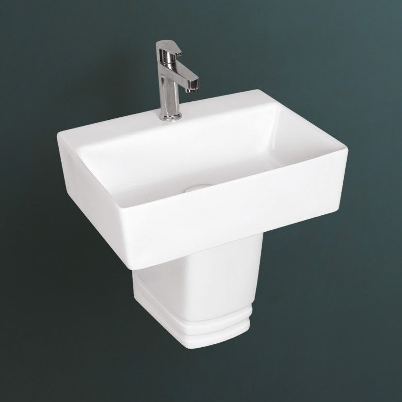 CUBIC Wall Mounted Half Pedestal Wash Basin for Bathroom White Rectangle 425 x 340 x 430 mm