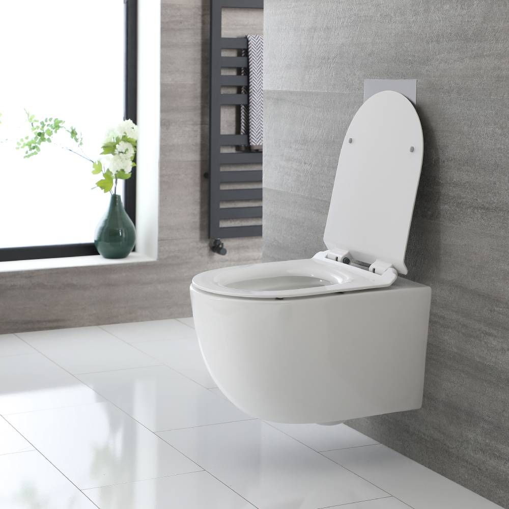 ANGEL White Modern Round Wall Hung Toilet with Soft Close Seat Rimeless