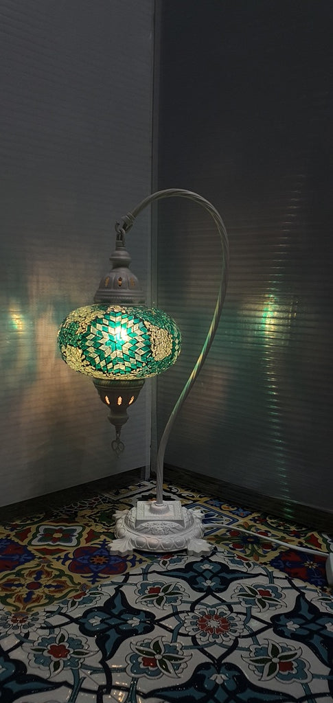 Green Flower Pattern Turkish Tiffany Mosaic Swan Neck Table Lamp LED Light size 4